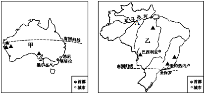 读巴西略图和澳大利亚城市与铁路分布图.完成下列各题. (1)在地球的五带中.巴西主要属于 带. (2)从图中可以看出.巴西的咖啡生产生要集中分布在该国的 部地区. (3)图中①.②两地中.海拔较高的是 地.请说出你的判断理由 . (4)分析澳大利亚的人口和国土面积数据.用一句简短的话概括澳大利亚人地关系的国情 . (5)读图分析.澳大利亚的铁路题目和参考答案